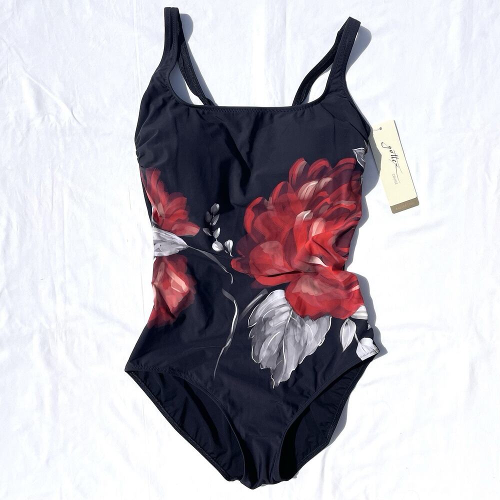 Gottex Black One-Piece Swimsuit with Red Floral Motif